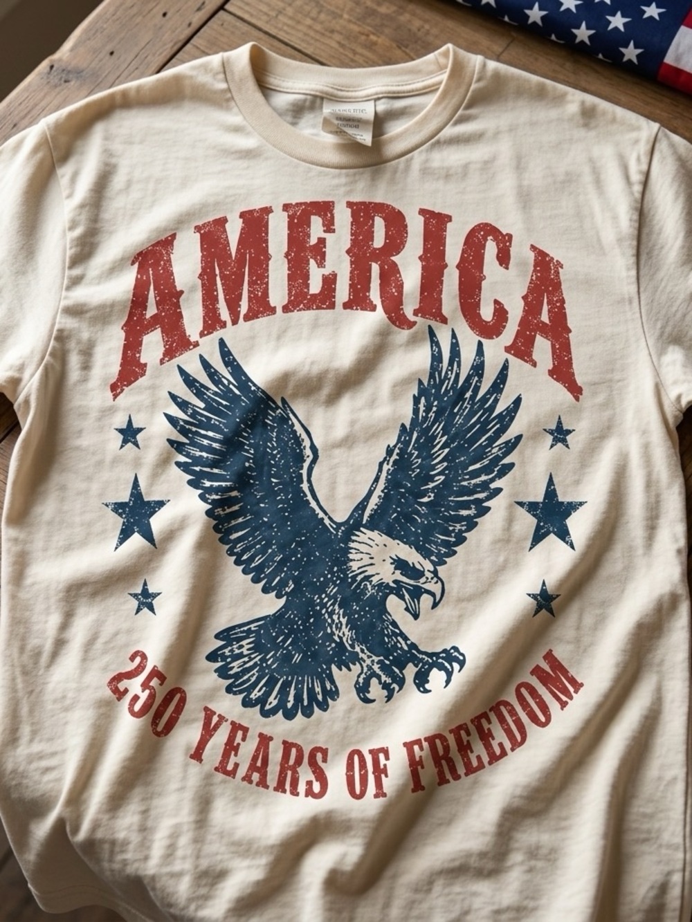 Gildan Cream Tee with Red & Blue Patriotic Eagle Graphic